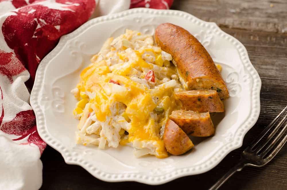 Cheesy Southwest Sausage & Hash Brown Casserole on plate served