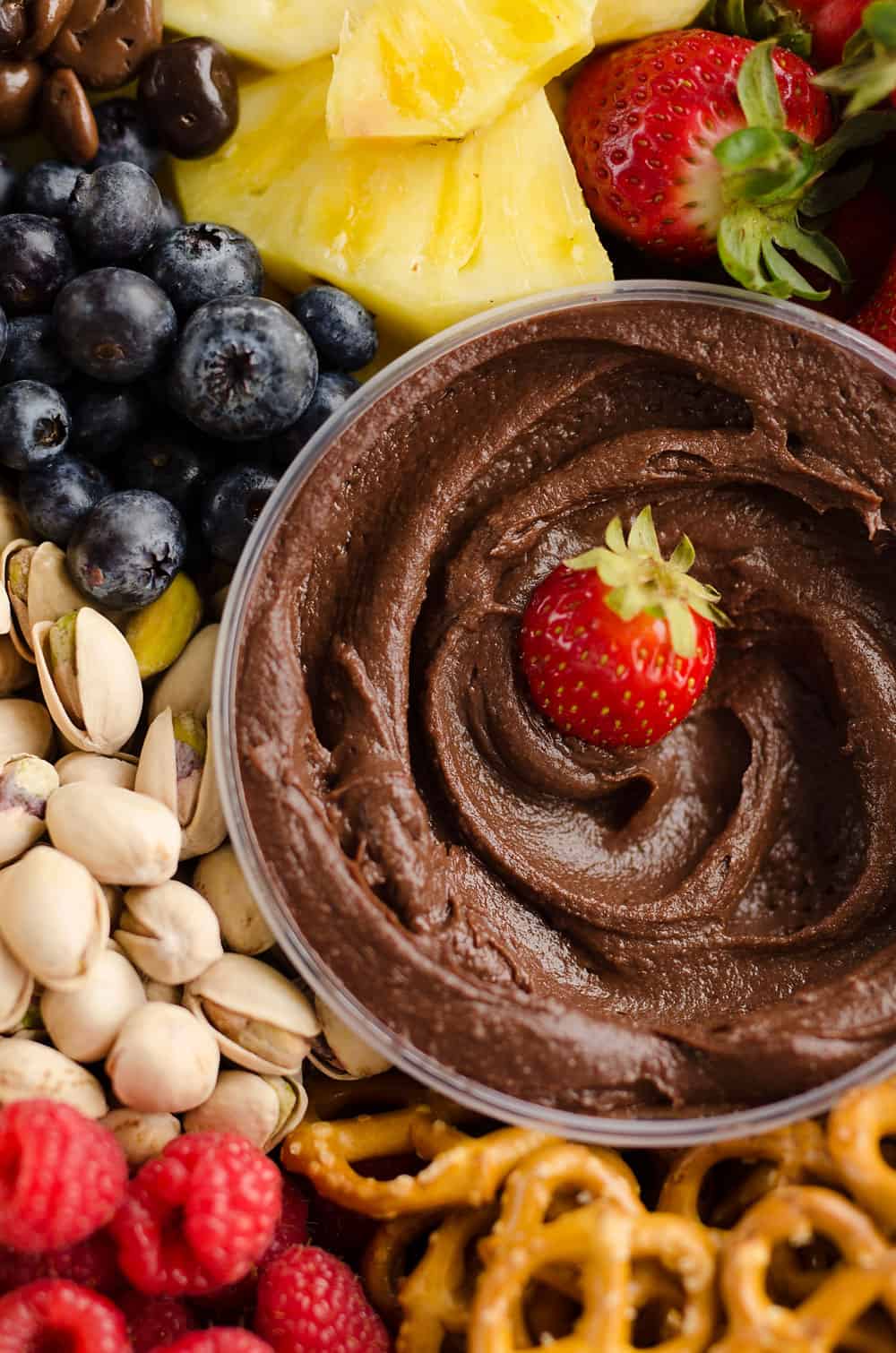 Healthy Fruit & Chocolate Party Tray hummus dipped with strawberry