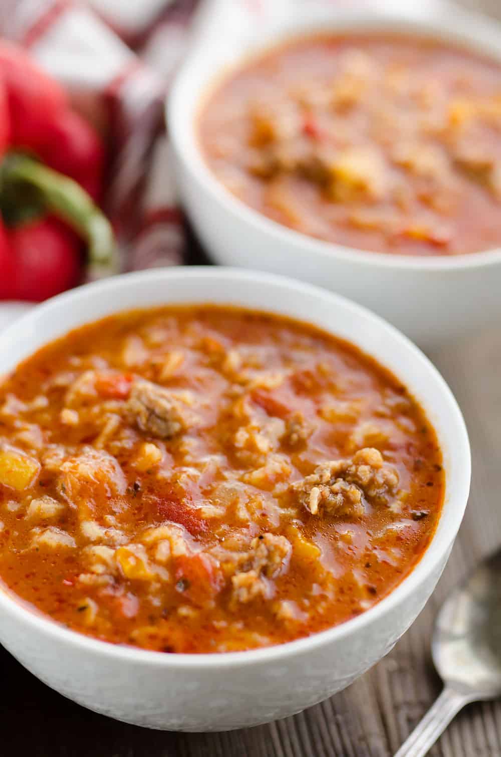 Pressure Cooker Stuffed Pepper Sausage Soup bowl