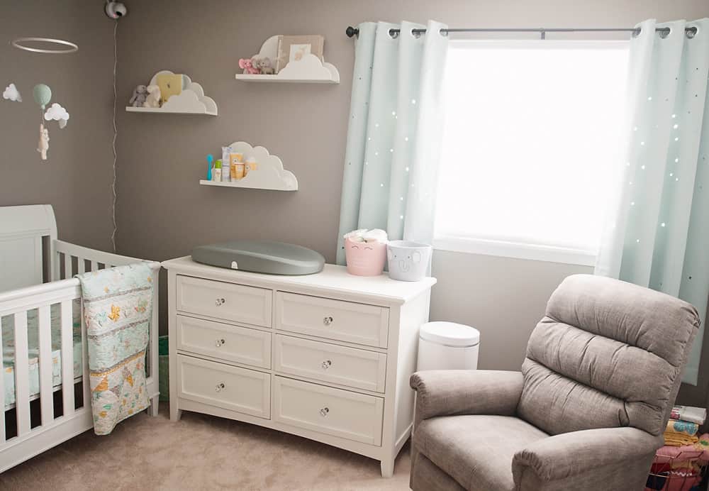 Boy Girl Gender Neutral Twin Bunny Nursery Reveal - Changing table dresser and recliner