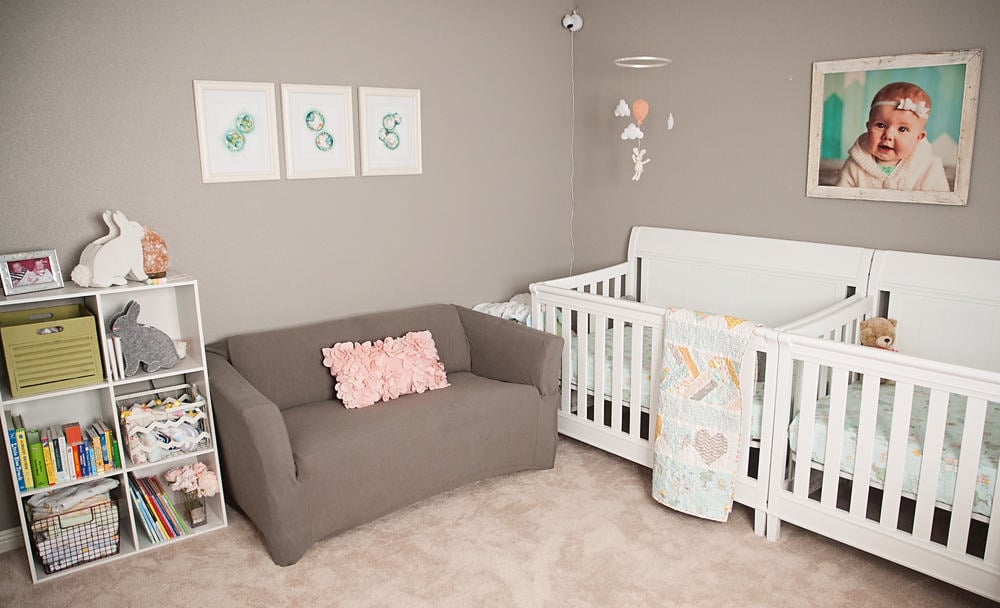 Boy Girl Gender Neutral Twin Bunny Nursery Reveal - Loveseat & Bookshelf