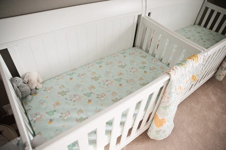 Back-to-Back Babies in a Twin Nursery room with floral sheet crib.