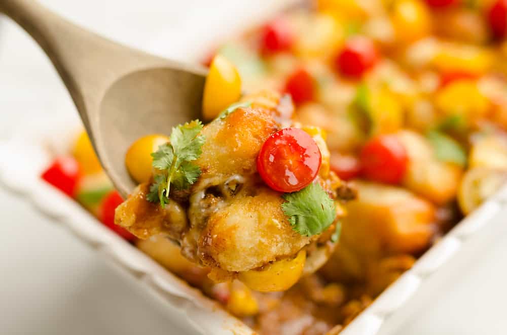 Light Taco Cauliflower Tot Hotdish scoop