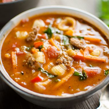 Pressure Cooker Hamburger & Pasta Soup in bowl