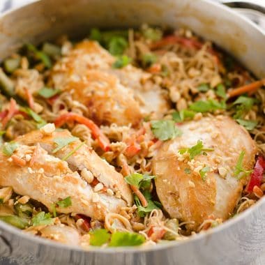 Thai Peanut Chicken Noodle Skillet in pan