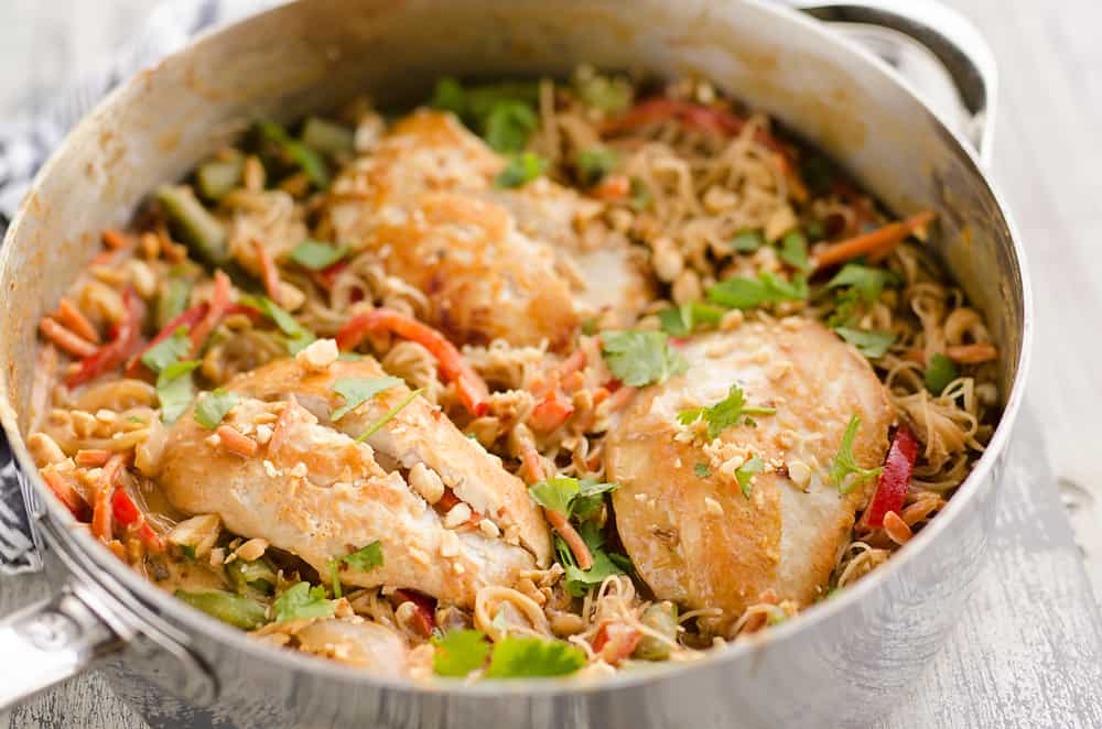 Thai Peanut Chicken Noodle Skillet in pan