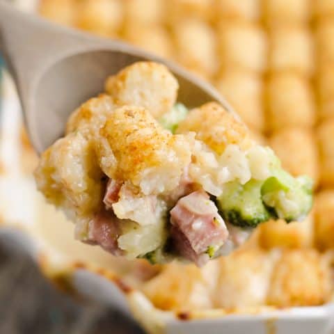 Cheesy Ham & Broccoli Tater Tot Hotdish spoonful