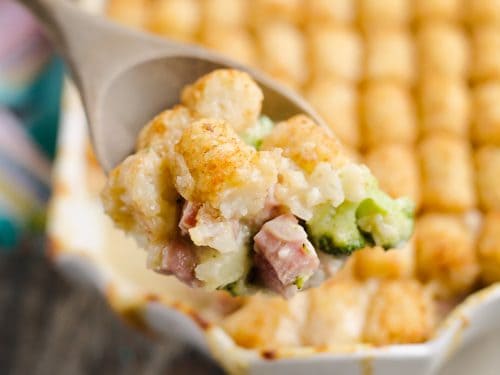 Cheesy Ham & Broccoli Tater Tot Hotdish spoonful