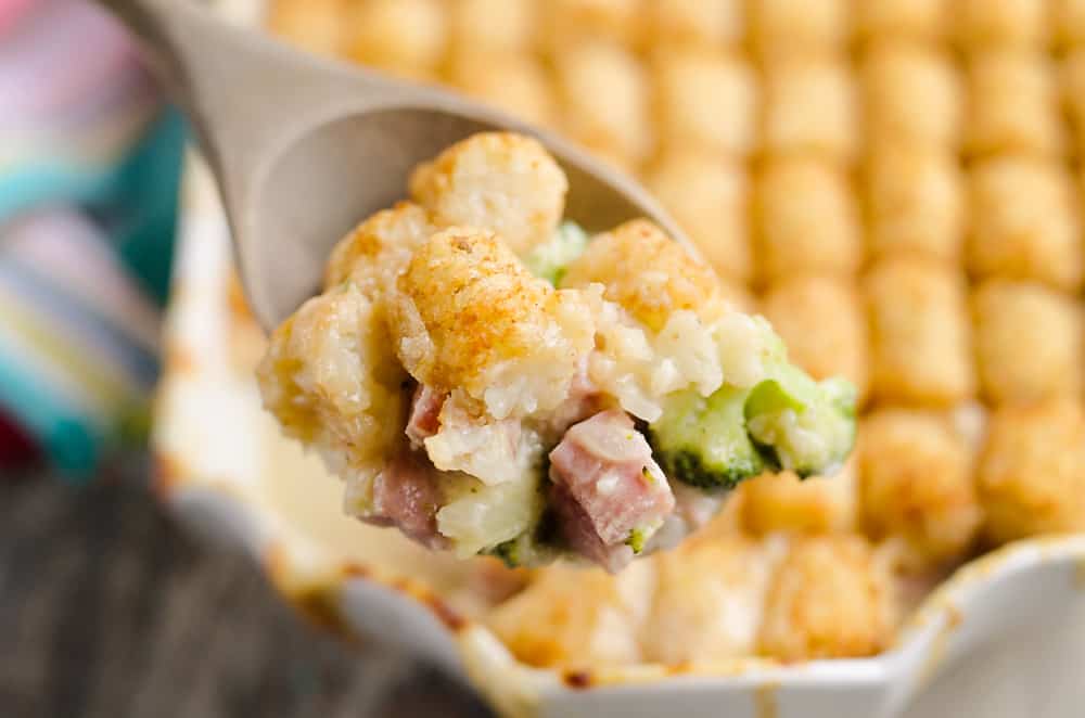 Cheesy Ham & Broccoli Tater Tot Hotdish spoonful