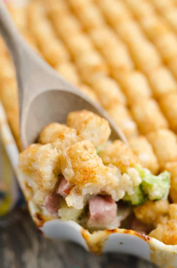 Cheesy Ham & Broccoli Tater Tot Hotdish scoop