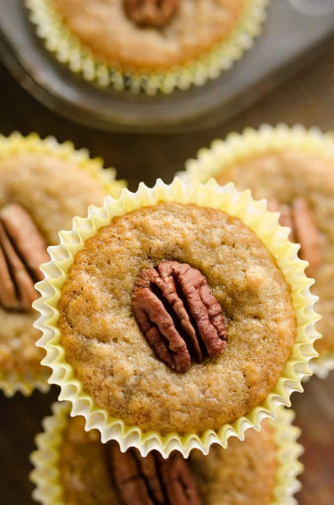 Cinnamon Pecan Banana Bread Muffins stacked