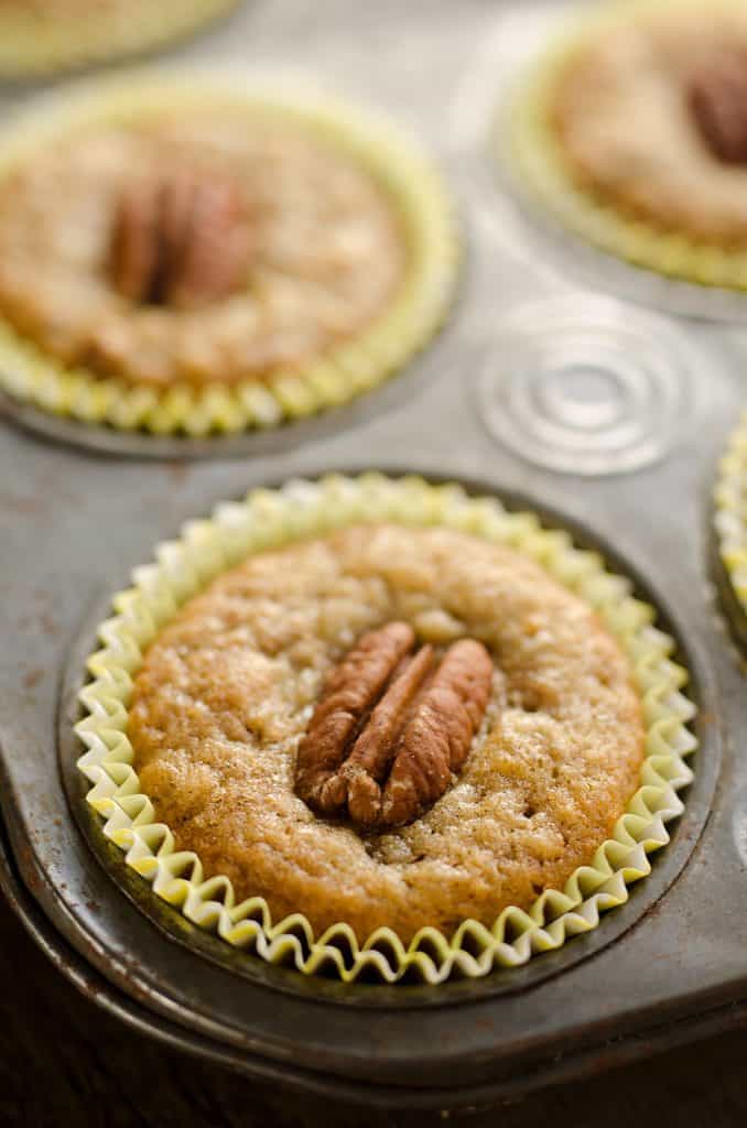 Cinnamon Pecan Banana Bread Muffins in baking pan