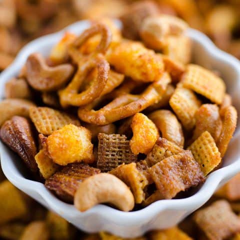 Honey Sriracha Snack Mix in a bowl