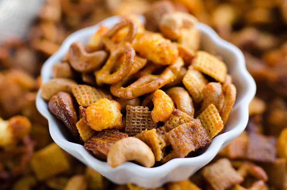 Honey Sriracha Snack Mix in a bowl