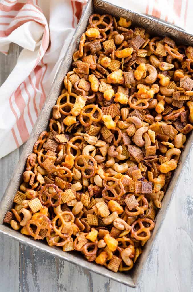 Honey Sriracha Snack Mix roasted in pan