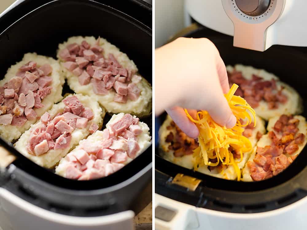 Airfryer Ham & Three Cheese Twice Baked Potatoes being made in pphillips airfryer drawer