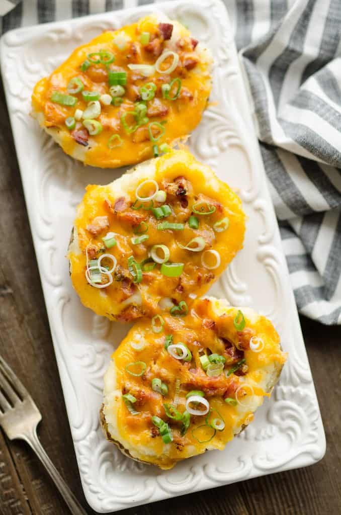Airfryer Ham & Three Cheese Twice Baked Potatoes on tray