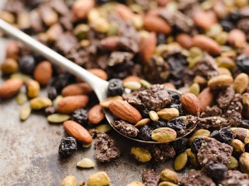 Blueberry Dark Chocolate Superfood Trail Mix with spoon