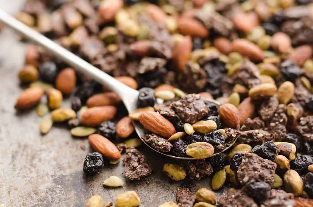 Blueberry Dark Chocolate Superfood Trail Mix with spoon