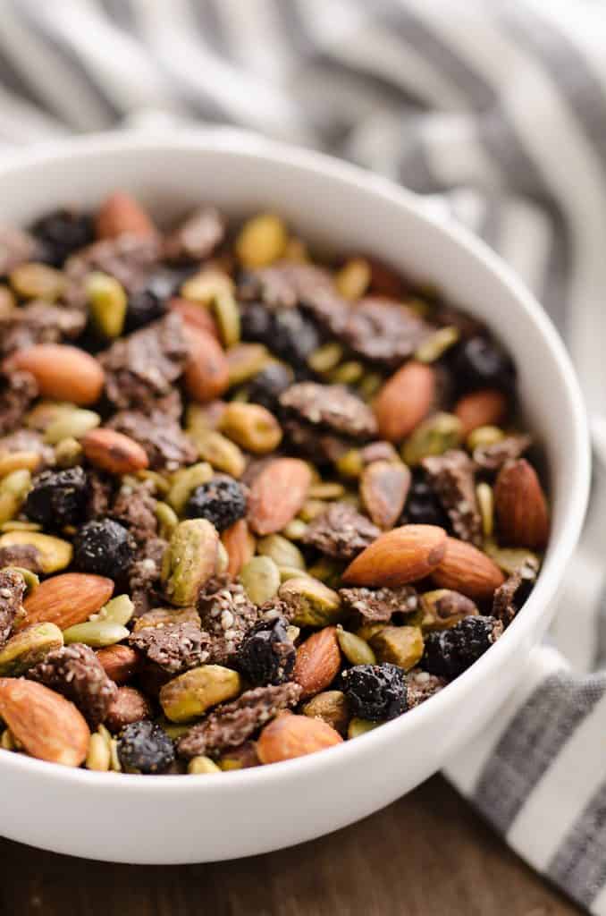 Blueberry Dark Chocolate Superfood Trail Mix in bowl