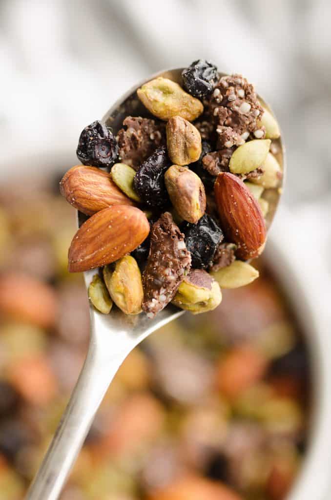 Blueberry Dark Chocolate Superfood Trail Mix in spoon