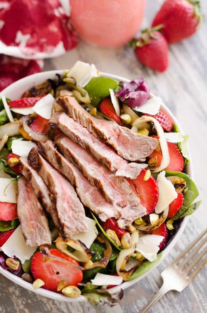 Grilled Steak Strawberry Salad in bowl