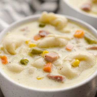 Pressure Cooker Creamy Ham & Tortellini Soup in crock