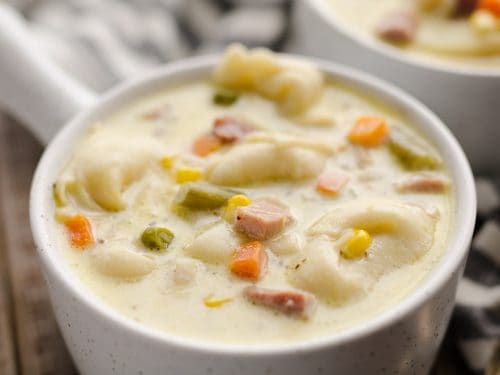 Pressure Cooker Creamy Ham & Tortellini Soup in crock