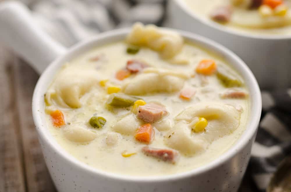 Pressure Cooker Creamy Ham & Tortellini Soup in crock