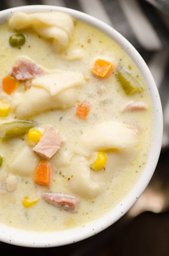 Pressure Cooker Creamy Ham & Tortellini Soup closeup