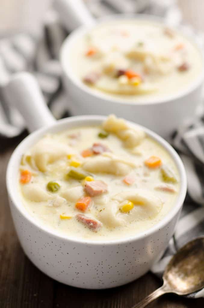 Pressure Cooker Creamy Ham & Tortellini Soup two bowls of soup