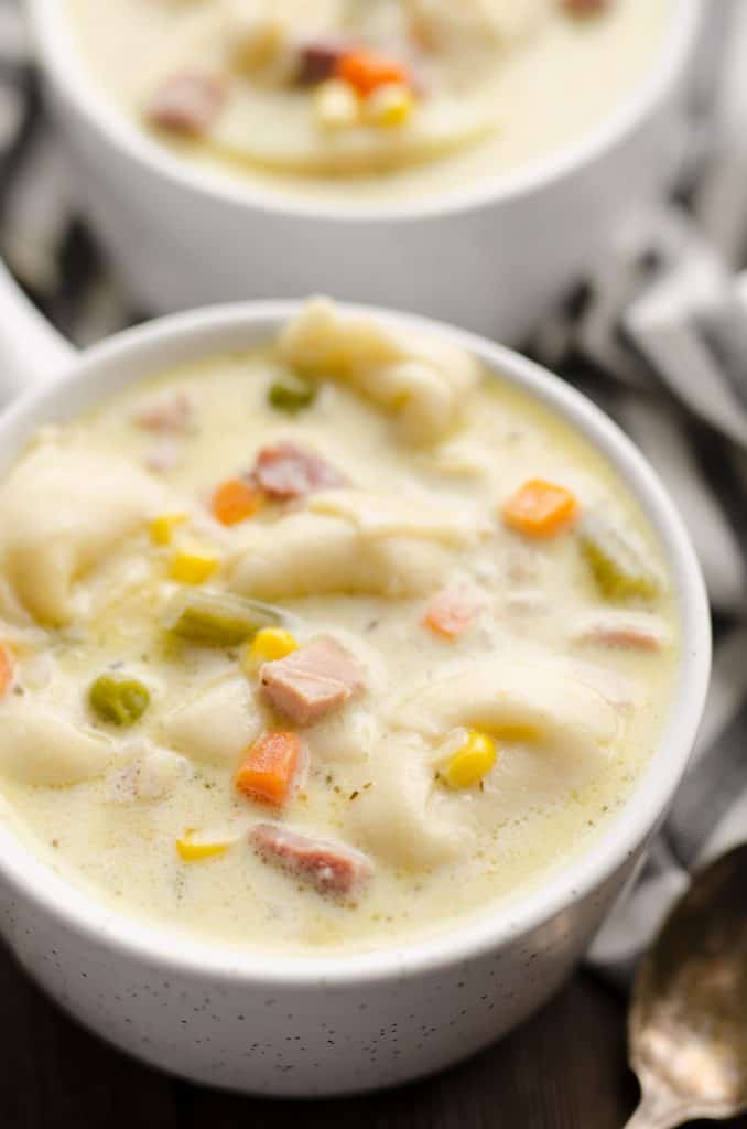 Pressure Cooker Creamy Ham & Tortellini Soup bowl