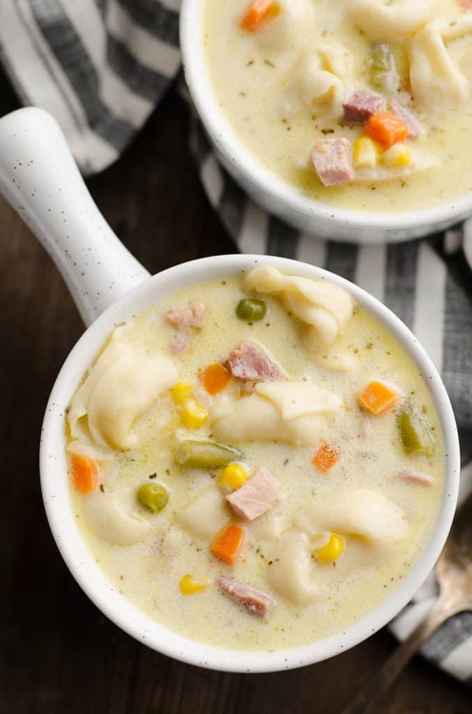 Pressure Cooker Creamy Ham & Tortellini Soup crocks of soup