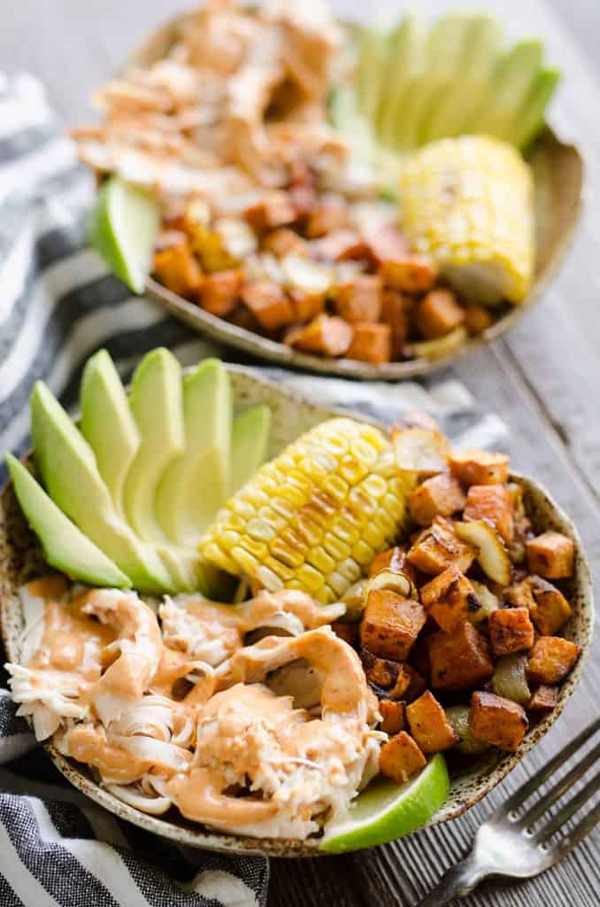Chipotle Lime Chicken & Sweet Potato Bowls served
