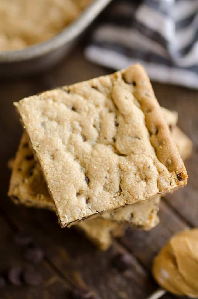 Peanut Butter Chocolate Chip Cookie Bars stacked