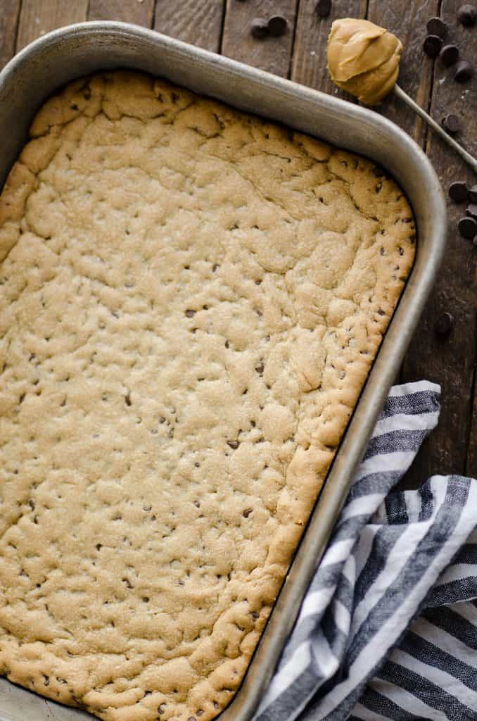 Peanut Butter Chocolate Chip Cookie Bars in pan