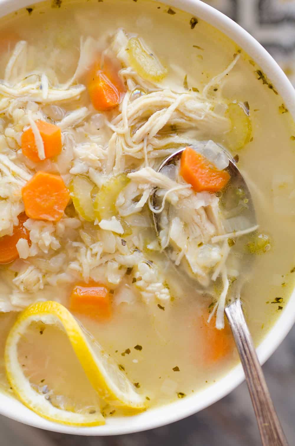 Pressure Cooker Lemon Chicken & Brown Rice Soup in bowl