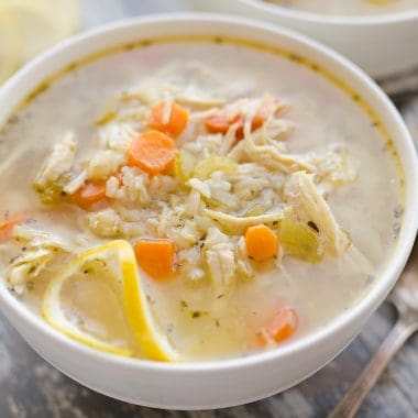 Pressure Cooker Lemon Chicken & Brown Rice Soup in bowl