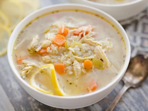 Pressure Cooker Lemon Chicken & Brown Rice Soup in bowl