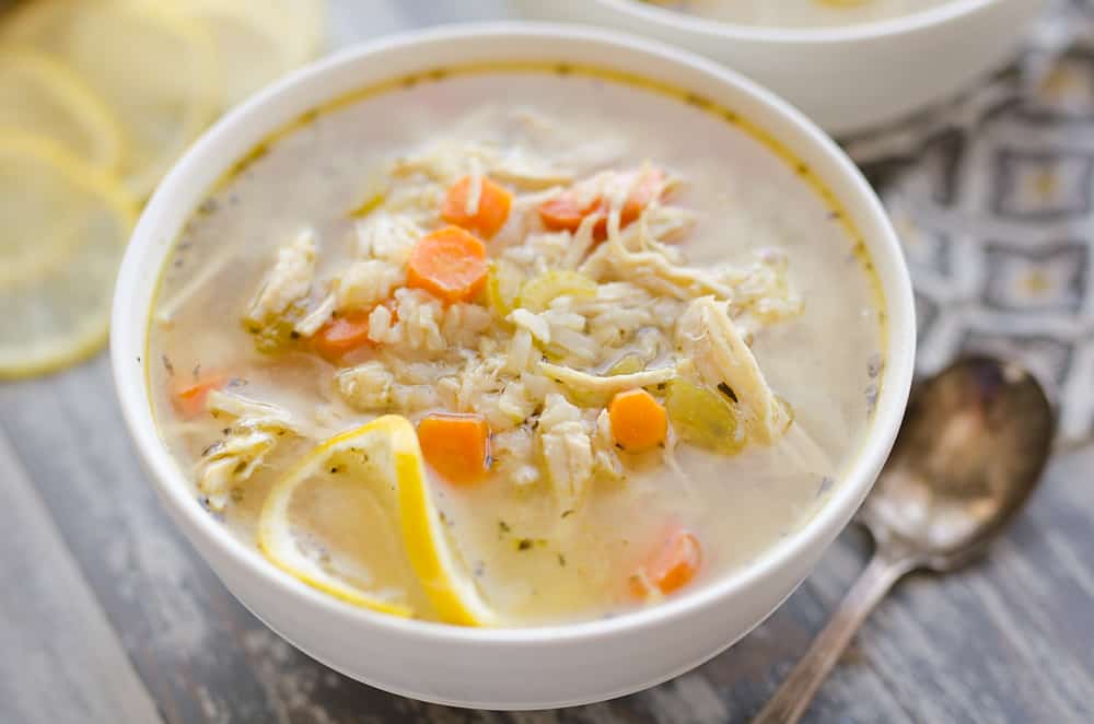 Pressure Cooker Lemon Chicken & Brown Rice Soup in bowl