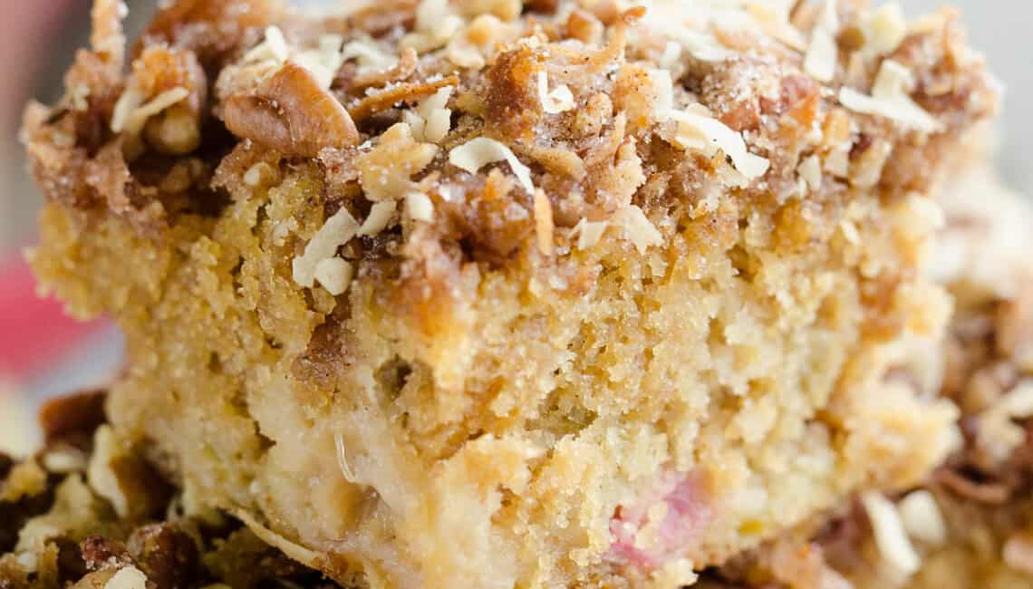 slice of rhubarb coffee cake with streusel