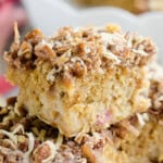 slice of rhubarb coffee cake with streusel