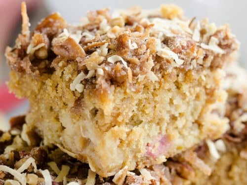 slice of rhubarb coffee cake with streusel