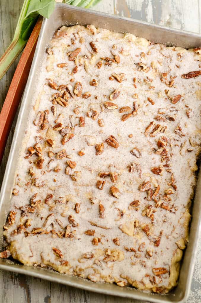 rhubarb cake in pan topped with cinnamon sugar and pecans