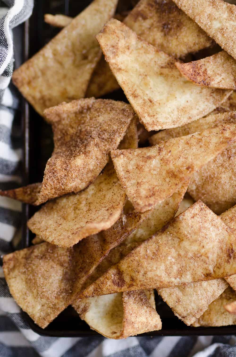 Baked Cinnamon Sugar Tortilla Chips in sheet pan