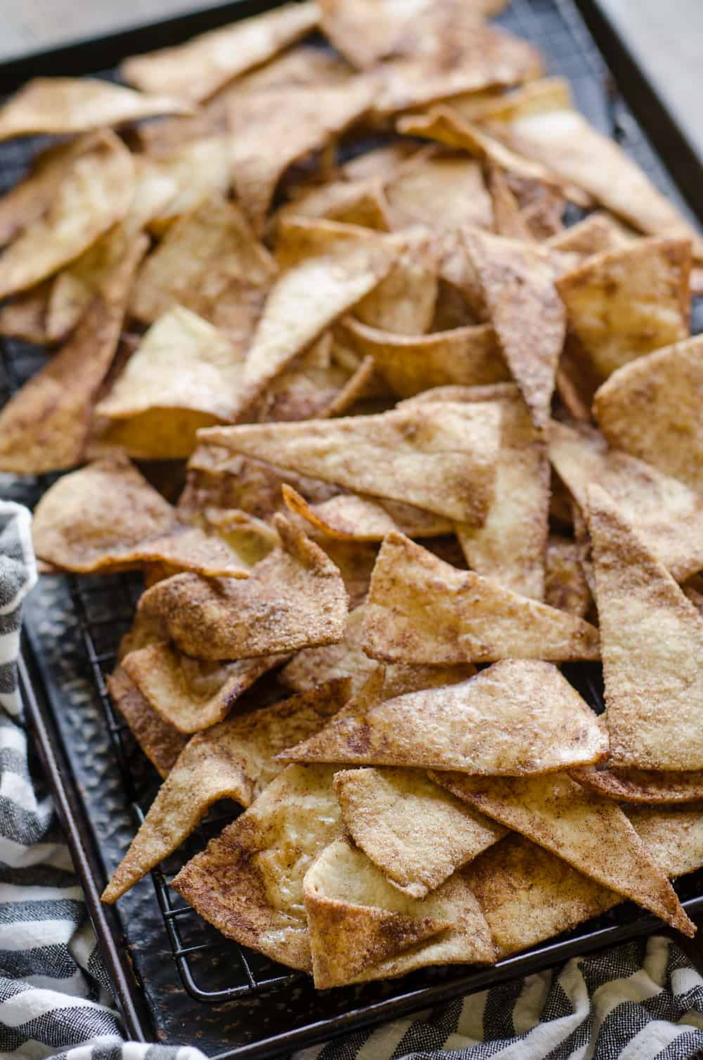 Baked Cinnamon Sugar Tortilla Chips in pan