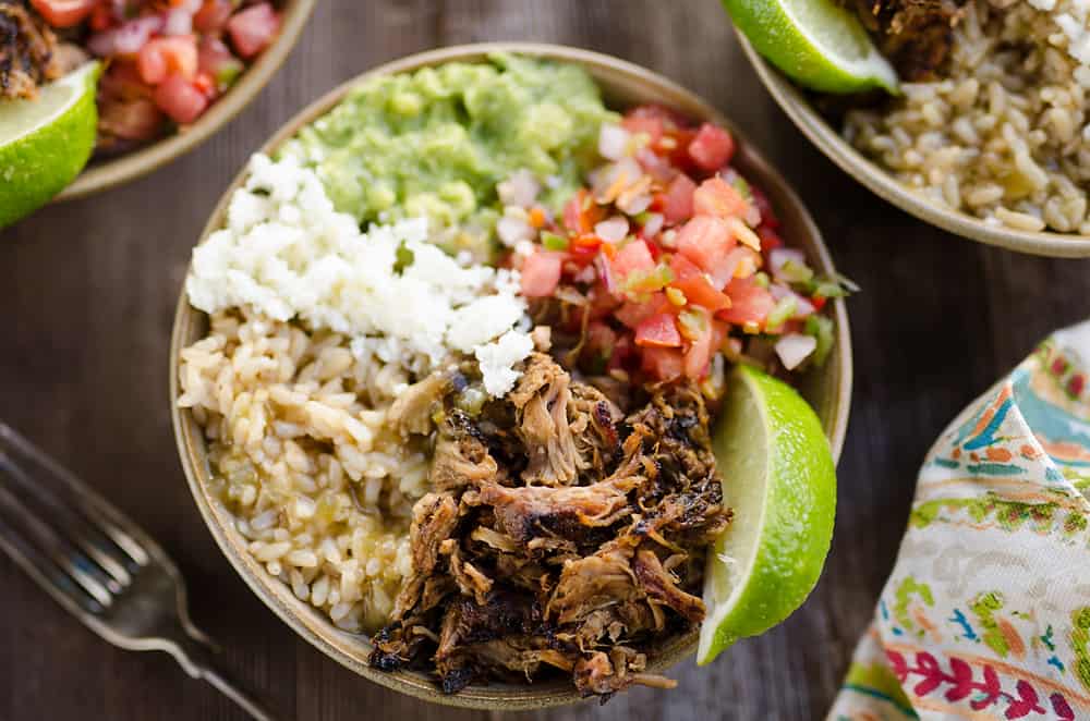 Easy Pork Carnitas Rice Bowls overhead picture