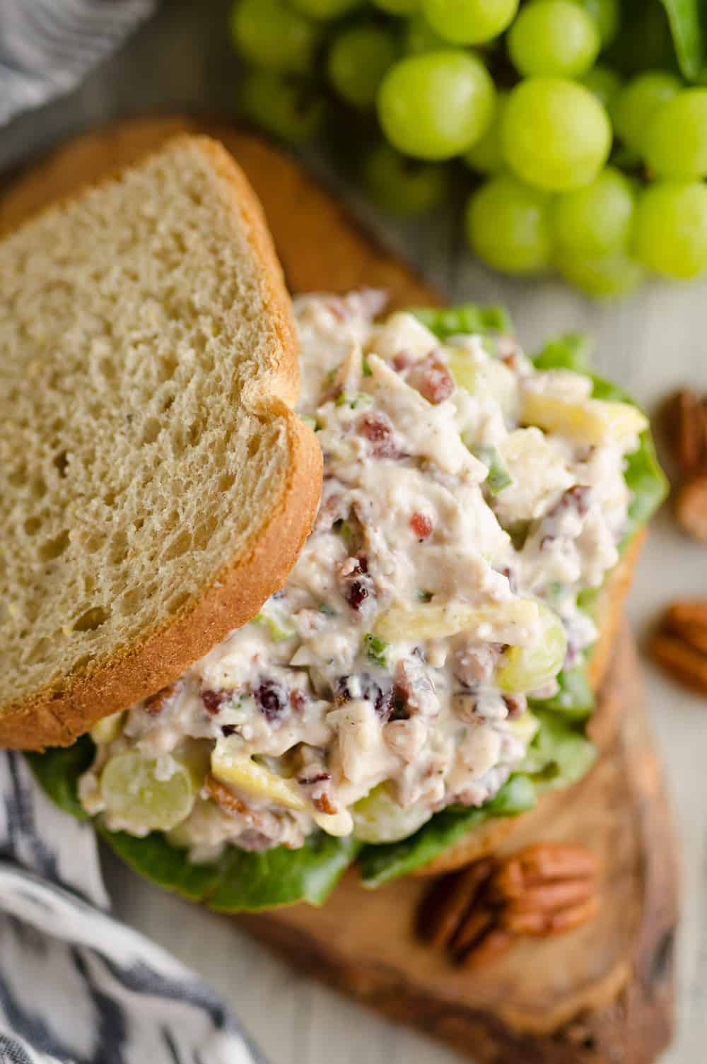 Fruit & Pecan Chicken Salad piled on slices of bread