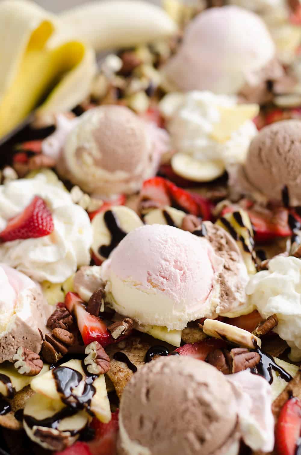 Ultimate Banana Split Dessert Nachos closeup