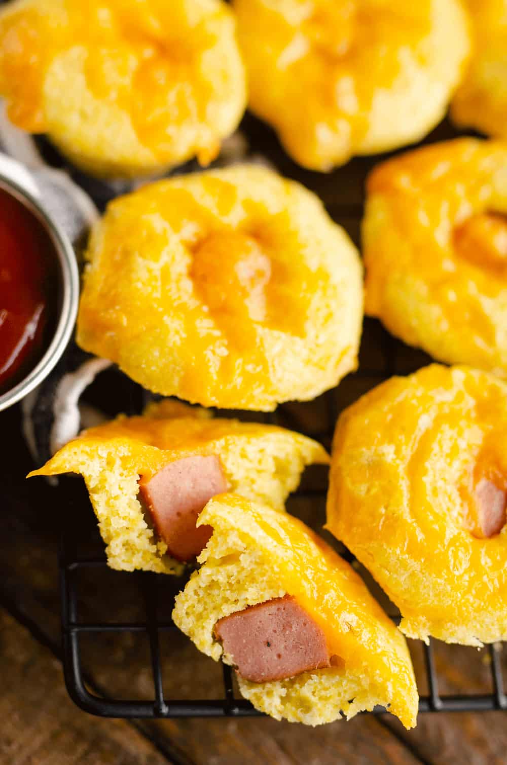 Cheesy Green Chili Mini Corn Dog Muffins cut open